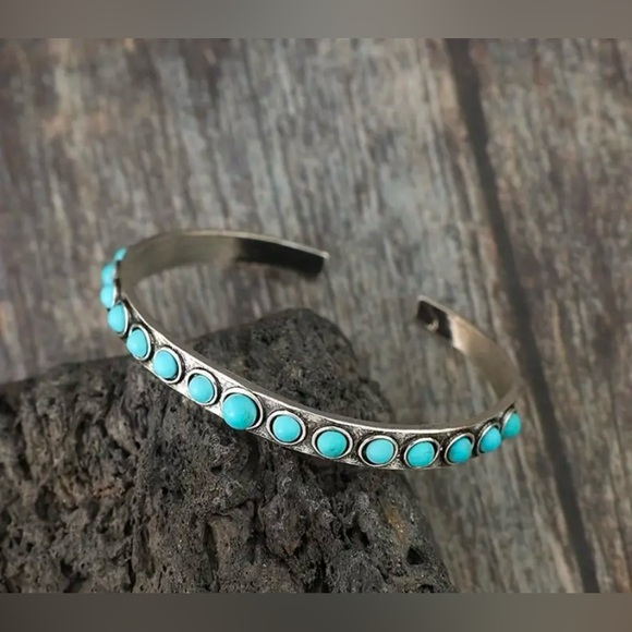 NEW faux turquoise stone silvery bracelet, adjustable, for men or women, bangle - Picture 4 of 5